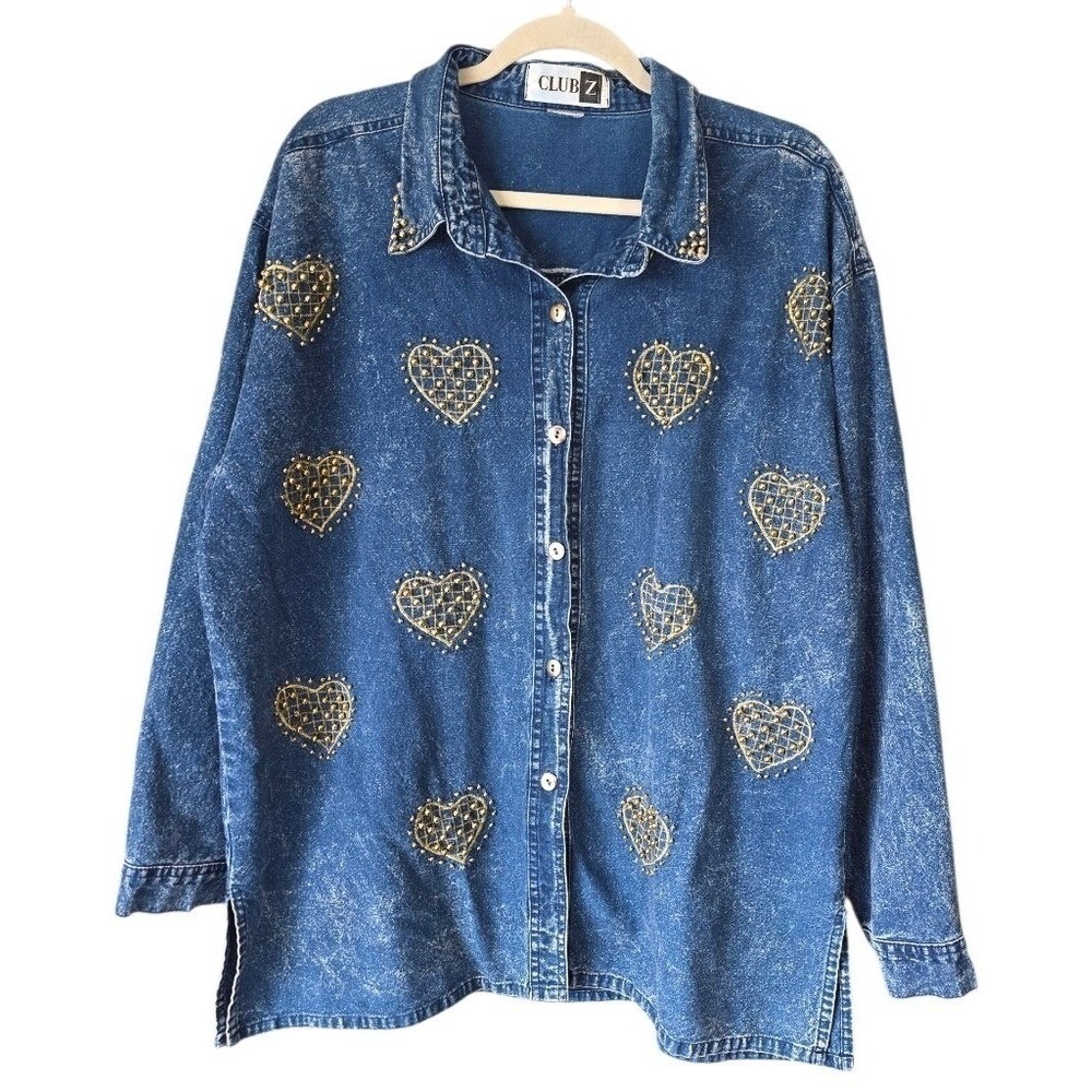 Vintage Club Z Denim Jean Shirt Jacket Embellished Gold Hearts Beaded Oversized